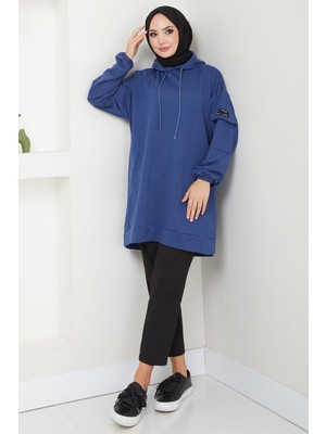 Hafsamina Kapüşonlu Kolu Cep Detaylı Sweatshirt Tunik Indigo HM2582