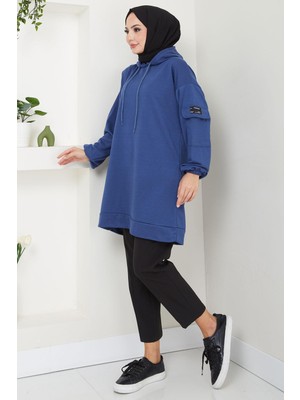 Hafsamina Kapüşonlu Kolu Cep Detaylı Sweatshirt Tunik Indigo HM2582