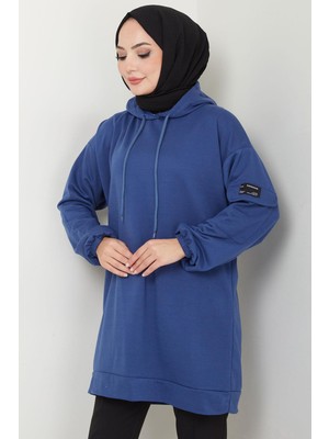 Hafsamina Kapüşonlu Kolu Cep Detaylı Sweatshirt Tunik Indigo HM2582