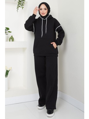 Çoban Nakışlı Üç Iplik Şardonlu Kapşonlu Eşofman Takımı Siyah HM2579