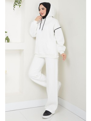 Çoban Nakışlı Üç Iplik Şardonlu Kapşonlu Eşofman Takımı Beyaz HM2579