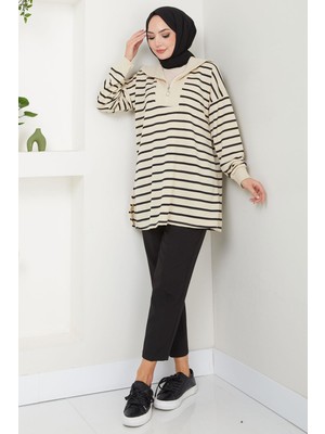 Yakası Fermuarlı Çizgili Sweatshirt Tunik Siyah HM2592