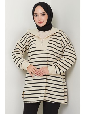 Yakası Fermuarlı Çizgili Sweatshirt Tunik Siyah HM2592