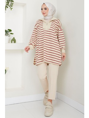 Yakası Fermuarlı Çizgili Sweatshirt Tunik Kırmızı HM2592