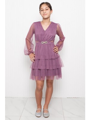 Modaviki Taş Aksesuar Detaylı Tül Çocuk Abiye Lila MDV358