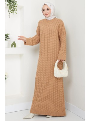 Örgü Desen Triko Elbise Camel HM2526