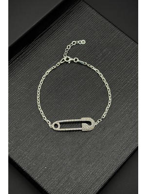 Frnch 925 Ayar Gümüş Çengelli Iğne Model Beyaz Zirkon Taşlı Erkek Bileklik FRJ12185-3185-B