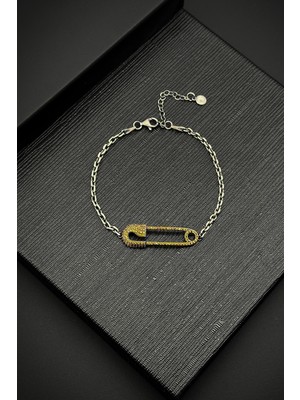 Frnch 925 Ayar Gümüş Çengelli Iğne Model Sarı Zirkon Taşlı Erkek Bileklik FRJ12185-3185-S3