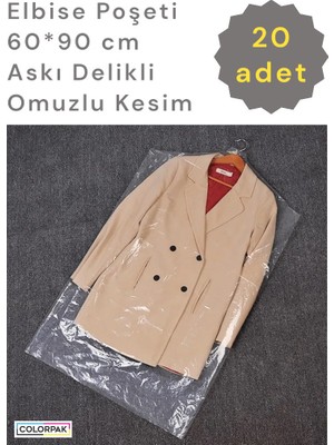 Elbise Poşeti (60*90 CM) Askı Delikli Omuzlu Kesim (20 ADET) Şeffaf Kıyafet Koruma Hurç Kılıf Naylon