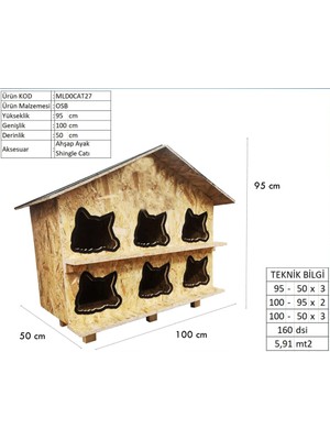 Reyo Kedi Evi Dış Ortam Uygun Ahşap Kedi Evi Osb 100 x 95 x 50 cm