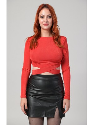 Lefon Jersey Crop Top  - Kırmızı Kırmızı - 36