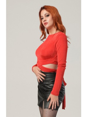 Lefon Jersey Crop Top  - Kırmızı Kırmızı - 36