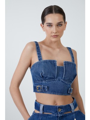 Bel Detaylı Jean Mini Şort