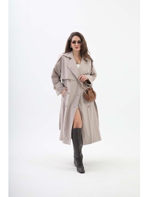 Vapur Tekstil Beli Kuşaklı Allerli  Apoletli Trençkot - Taş