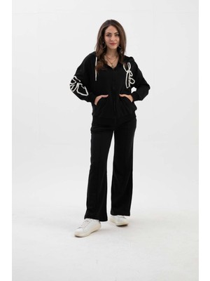 Süzene Nakışlı Kapşonlu Üç Iplik Takım - Siyah