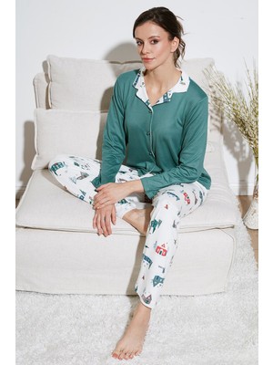 Lela Desenli Regular Fit Apaş Yaka Beli Lastikli Bol Paça Pijama Takımı Bayan Pijama Takımı 65714300