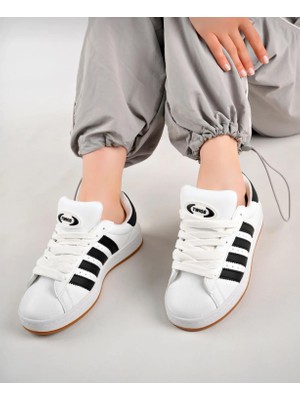 Unisex Klasik Bağcıklı Ortopedik Spor Sneaker Ayakkabı-Beyaz-Siyah