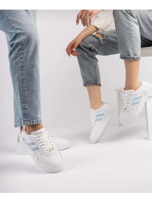 Bağcıklı  Ortopedik Snaker Spor Ayakkabı Kadın-Beyaz-Mavi