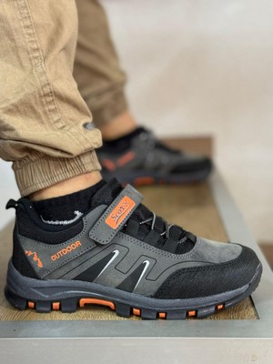 Bantlı  Kısa Çocuk Spor Outdoor Ayakkabı-Füme-Oranj