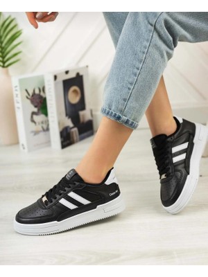 Bağcıklı  Ortopedik Snaker Spor Ayakkabı Kadın-Siyah-Beyaz