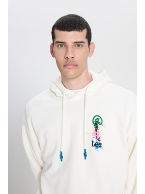 Lee Loose Fit Rahat Kesim Kapüşonlu İçi Polarlı Sırt Baskılı Kırık Beyaz Sweatshirt