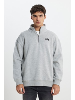 Regular Fit Normal Kesim Dik Yaka Şardonlu Yarım Fermuar Gri Melanj Sweatshirt