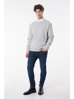 Regular Fit Normal Kesim %100 Pamuk Bisiklet Yaka İçi Polarlı Gri Melanj Sweatshirt