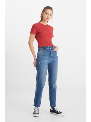 Mom Fit Yüksek Bel Dar Paça Esnek Jean Kot Pantolon