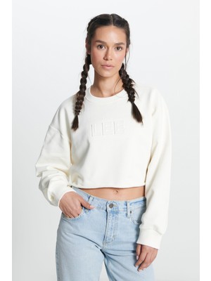 Bisiklet Yaka %100 Pamuk Ekru Crop Sweatshirt