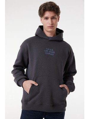 Lee Relaxed Fit Geniş Kesim Kapüşonlu İçi Polarlı Sırt Baskılı Antrasit Sweatshirt