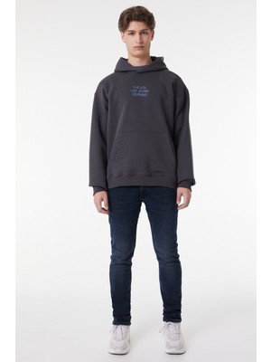 Lee Relaxed Fit Geniş Kesim Kapüşonlu İçi Polarlı Sırt Baskılı Antrasit Sweatshirt