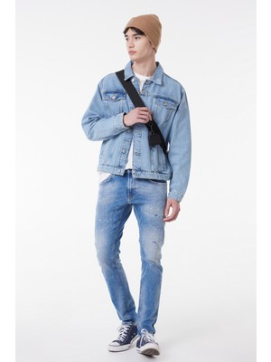 Slim Fit Dar Kesim Normal Bel Taşlamalı Açık Mavi Esnek Luke Jean Denim Kot Pantolon