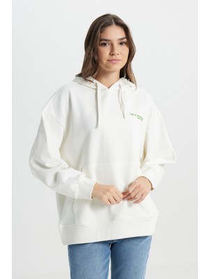 Lee Regular Fit Normal Kesim Kapüşonlu İçi Polarlı Sırt Baskılı Kırık Beyaz Sweatshirt