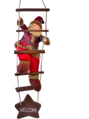 Sole Yılbaşı Süsü Ahşap Merdivenli Noel Baba Figür Büyük Boy 40 Cm - Merdiven İle 78 Cm