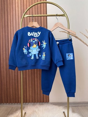 Unisex Çocuk Bluey Desenli Pamuklu Sweatshirt Eşofman Alt-Üst Takım