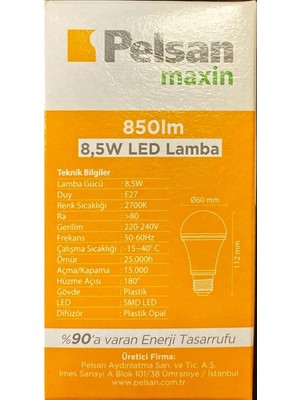 Pelsan 8,5 Watt LED Ampul-Sarı Işık