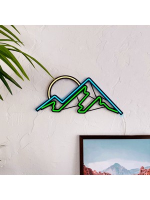 Tol Camp Mountain Neon Duvar Dekoru - Modern Dağ Silueti, Buz Mavi & Yeşil Duvar LED Dekoru | 50 cm x 20 cm