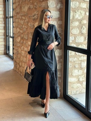 Defy Moda Kadın Uzun Kollu Eteği Fırfırlı Beli Kuşaklı Trikoton Tam Boy Gömlek Elbise