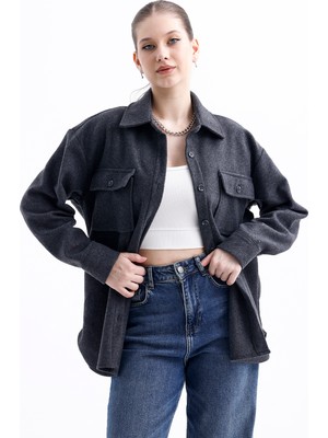 Kadın Çift Cepli Oversize Kaşe Gömlek Ceket