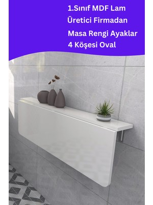 Kydonia Home Mdf Lam 4 Köşesi Oval Parlak Beyaz Sabit Raflı Duvara Monte Kırma Katlanır Yemek Masası