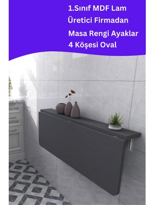 Kydonia Home Mdf Lam 4 Köşesi Oval Antrasit Gri Sabit Raflı Duvara Monte Kırma Katlanır Yemek Mutfak Masası