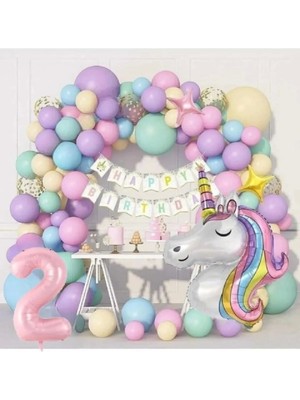 Papatya Süs Evi Kız Çocuklar Için 2 Yaş Unicorn Lüks Doğum Günü Parti Seti Süsü