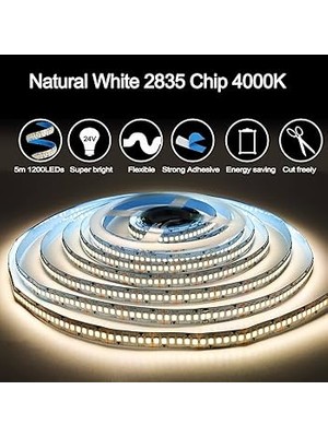 Ledarmy 5metre 240 Led/m Şerit LED Hortum 4000K Doğal Beyaz Kendinden Yapışkanlı Güçlü SMD2835 12V Dc IP20