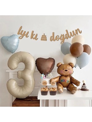 Papatya Süs Evi Ayı Folyo Balon Balon Standı Retro Kalp Rakam Folyo Balon Doğum Günü Balon Seti