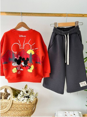 La Luna Kidz Kız Çocuk Kırmızı Mickey Mouse Desenli 3 Iplik Kışlık Pamuklu Sweatshirt Geniş Eşofman Alt-Üst Takım