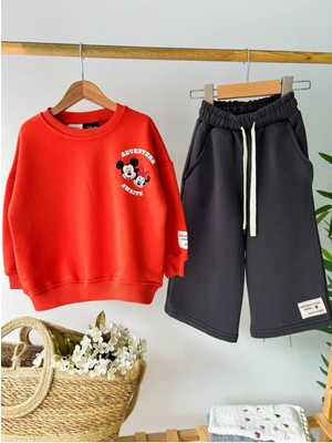 La Luna Kidz Kız Çocuk Kırmızı Mickey Mouse Desenli 3 Iplik Kışlık Pamuklu Sweatshirt Geniş Eşofman Alt-Üst Takım