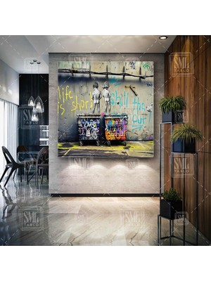 SML Tablo Banksy Life Is Short, Hayat Kısa Grafitti Çöp Kutusu Üzerindeki Çocuklar Kare Kanvas Tablo