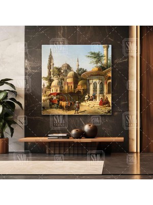 SML Tablo Eski Istanbul Eyüp Semti Kırmızı Fayton Nostaljik Dekor Kare Kanvas Tablo