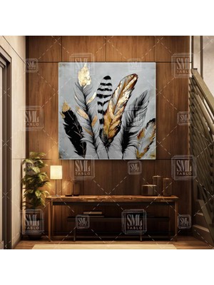 SML Tablo Gold Detaylı Kuş Tüyleri Modern Dekoraitf Kare Kanvas Tablo