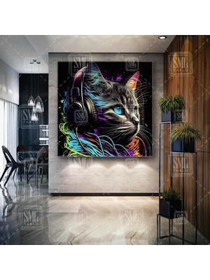 SML Tablo Sevimli Kedi Etrafındaki Işıklar Mavi Gözlü Kedi Kare Kanvas Tablo
